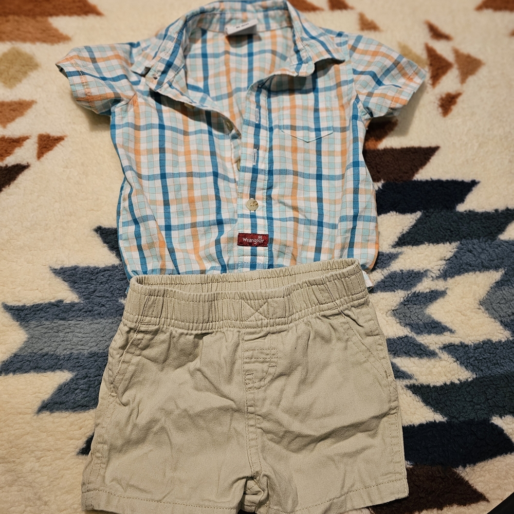 Wrangler Blue and Orange Plaid Shirt And Shorts Set. Paisly Western Shorts Set.
